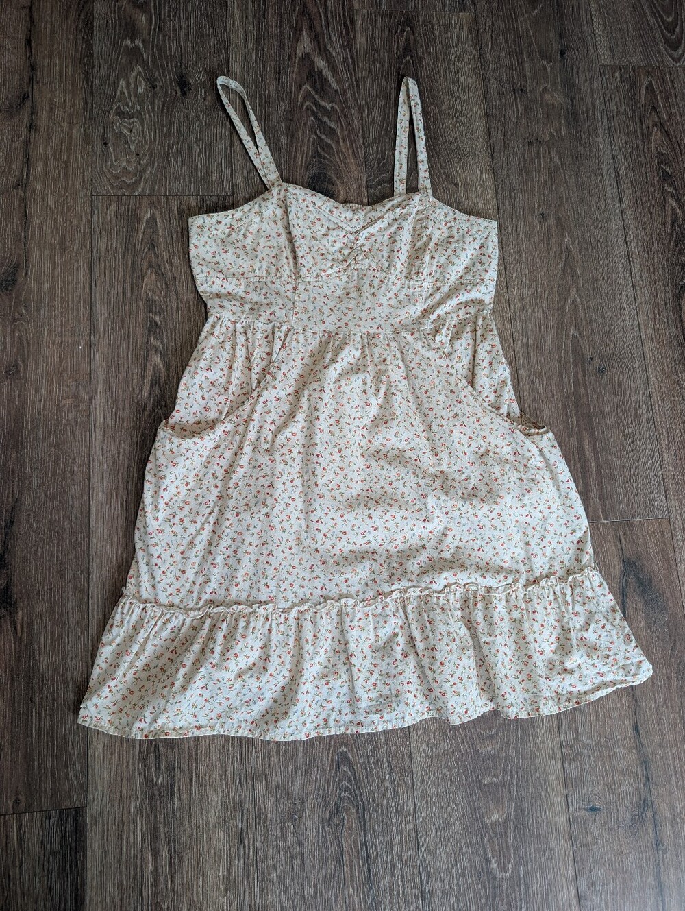 Boho Cottagecore Floral Cotton Dress L Babydoll Mini Sundress Ruffle Hem Pockets